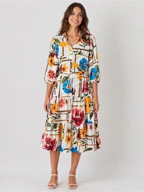 Mlle Gabrielle White Midi Dress with Multicolor Floral Print